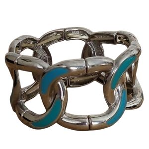 Silver Tone Turquoise Enamel Chunky Link Stretch Bracelet Statement